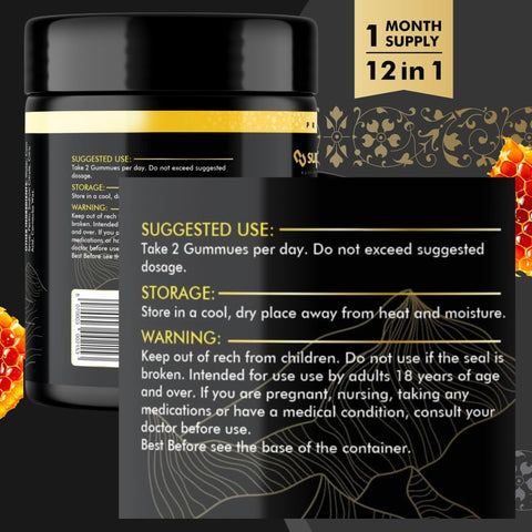 Supplmnt. 3000mg of Shilajit Gummies with 1500mg of Ashwagandha, Chaga Mushroom, Ginger, Turmeric, Black Seed Oil, Ginseng, Vitamins C, B12, D, Zinc, Ceylon Cinnamon, 60 Gummies (1 Pack)