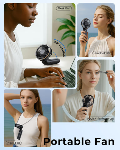 TUNISE Handheld Fan Rechargeable, Portable Fan with 4000mAh, Hand Fan with LED Display, 180° Adjustable, 6 Speed Travel Fan & Power Bank for Home Office Bedroom Outdoor
