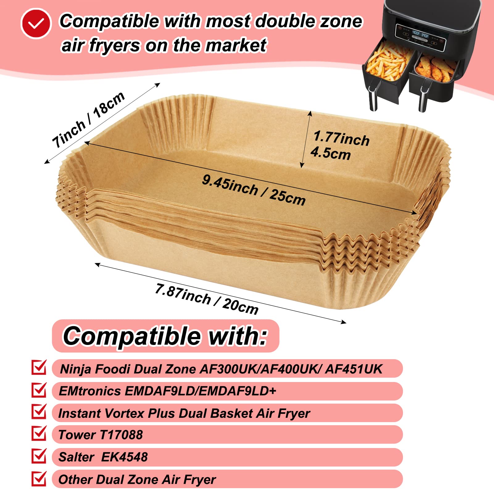 BYKITCHEN 100pcs Air Fryer Liners for Ninja Dual, Air Fryer AF300UK AF400UK Accessories, Disposable Airfryer Parchment Paper Liners, Compatible with Ninja, Breville, Tower & Other Dual Zone Fryers