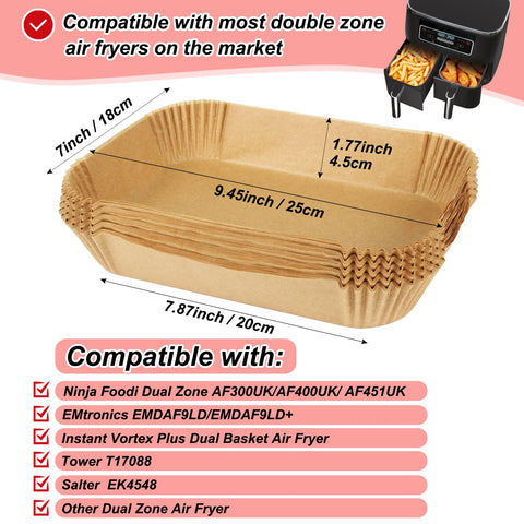 BYKITCHEN 100pcs Air Fryer Liners for Ninja Dual, Air Fryer AF300UK AF400UK Accessories, Disposable Airfryer Parchment Paper Liners, Compatible with Ninja, Breville, Tower & Other Dual Zone Fryers