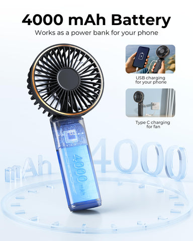 TUNISE Handheld Fan Rechargeable, Portable Fan with 4000mAh, Hand Fan with LED Display, 180° Adjustable, 6 Speed Travel Fan & Power Bank for Home Office Bedroom Outdoor