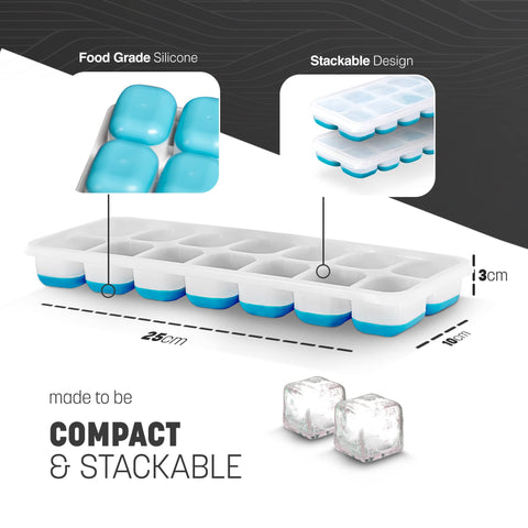 KEPLIN 2pk Silicone Ice Cube Trays with Non-Spill Lids, Easy to Remove Tray, LFGB Certified BPA Free, Flexible Silicone Ice Cube Moulds, Parties, Drinks, Cocktails & Frozen Liquids (2pk Blue)