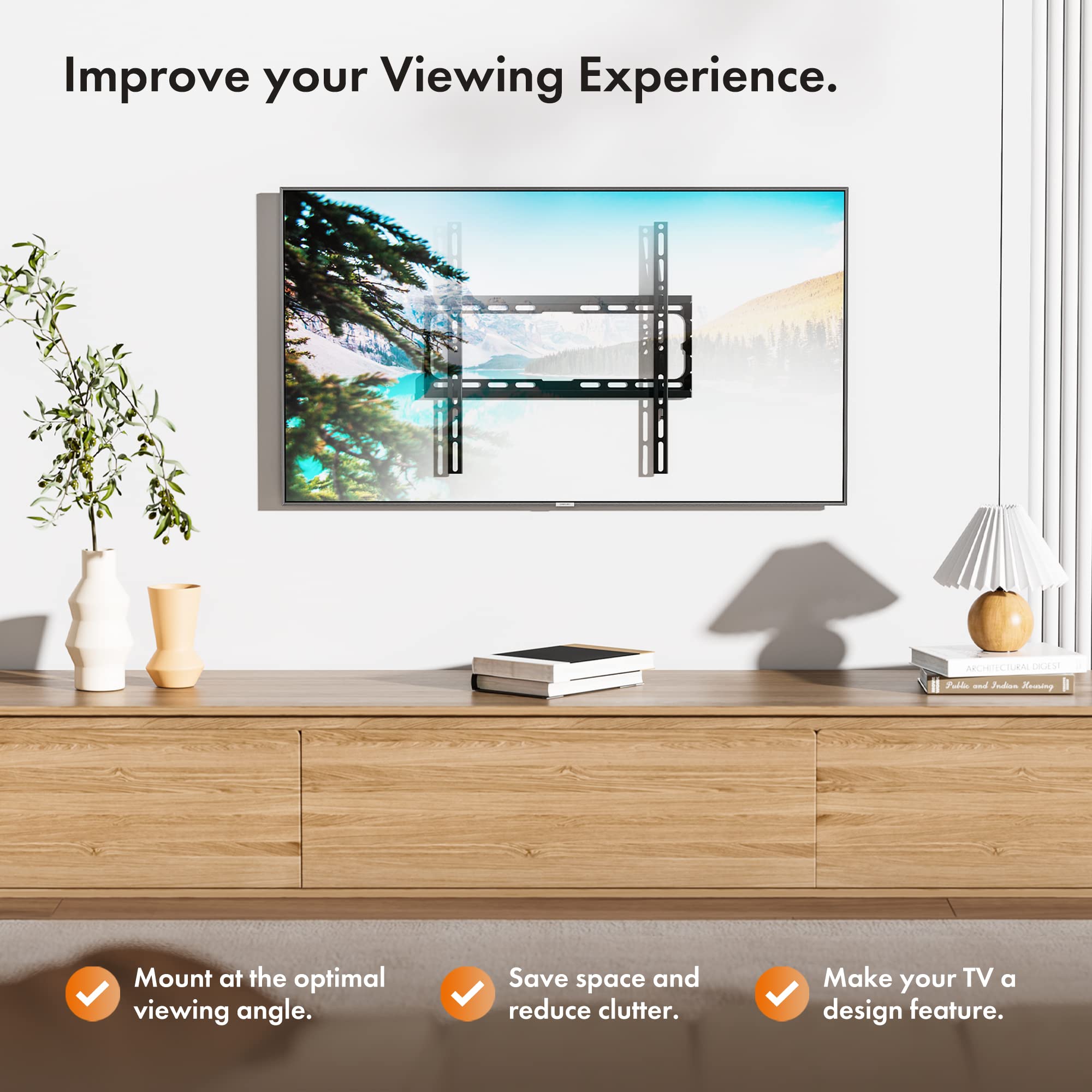 VonHaus TV Wall Bracket for 32-70" Screens, Ultra-Slim TV Bracket with Spirit Level, Flat to Wall Mount, 45kg Capacity, Max VESA: 400x400mm