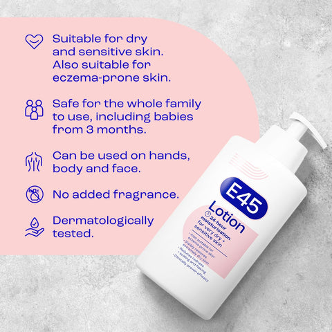 E45 Moisturising Lotion 500 ml for Dry & Sensitive Skin - Long-Lasting Hydration Protect from Dryness, Reduce Redness - Dermatological Body Moisturiser Lotion - Body Lotion - Daily Moisturiser