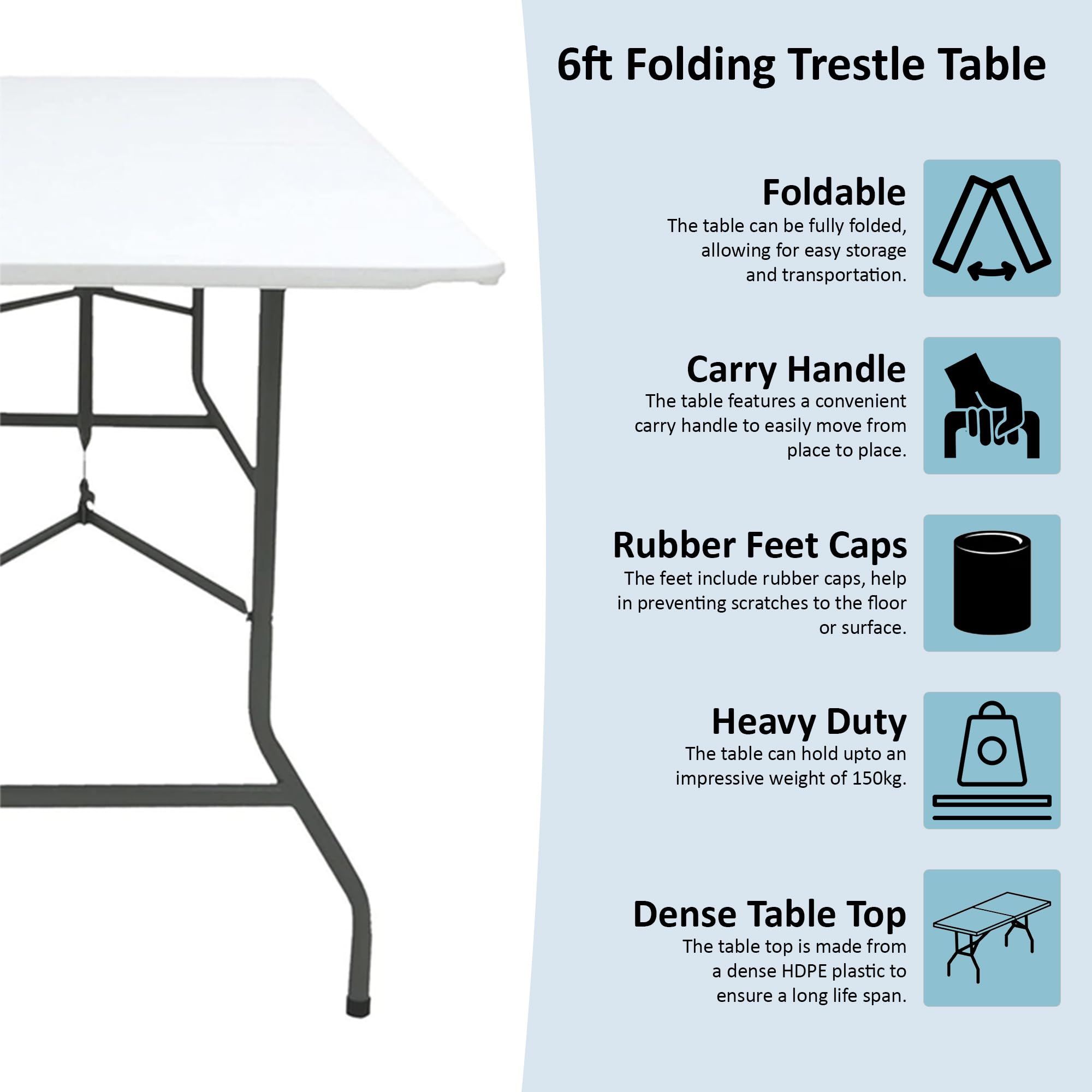 Home Vida Folding Table 6ft Heavy Duty Extra Strength Camping Buffet Wedding Market Garden Party Car Boot Stall Picnic Trestle Indoor Outdoor Foldaway Carry Handle