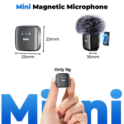 QINOJA Mini Wireless Lavalier Microphone - Ultra Compact Magnetic Clip, Lapel Mic for Vlog Interview Podcast Studio, Plug-Play Noise Reduction