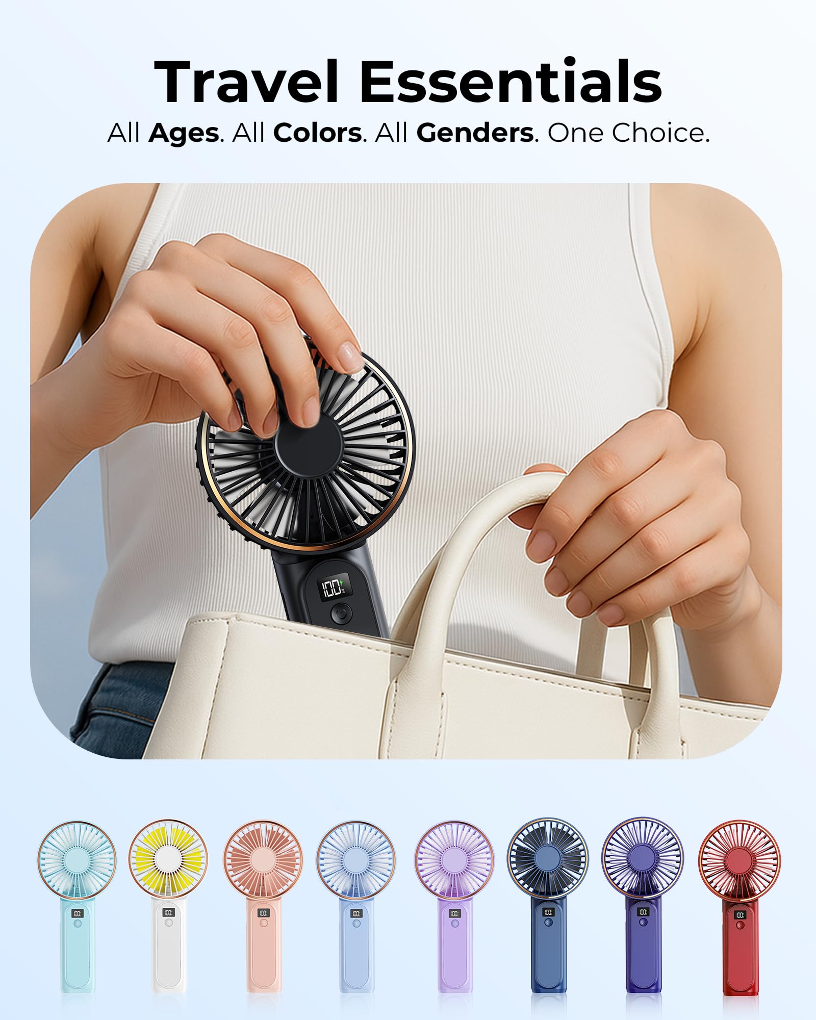 TUNISE Handheld Fan Rechargeable, Portable Fan with 4000mAh, Hand Fan with LED Display, 180° Adjustable, 6 Speed Travel Fan & Power Bank for Home Office Bedroom Outdoor