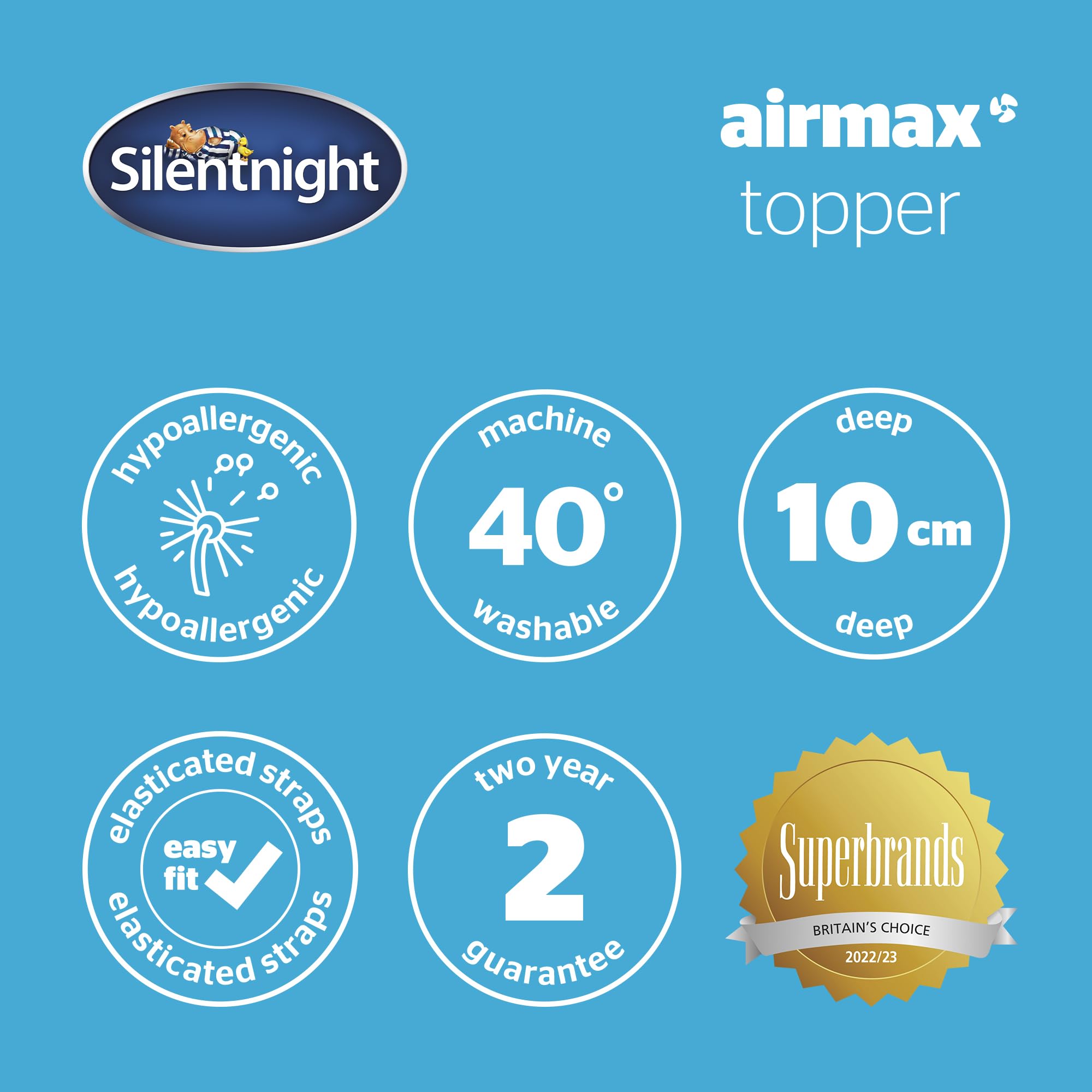 Silentnight Airmax 1000 Double Mattress Topper - Extra Thick Deep Fitted Mattress Enhancer with 10cm Thick Cushioning, Mesh Sides to Increase Airflow and Elasticated Straps - Double - 190x135cm