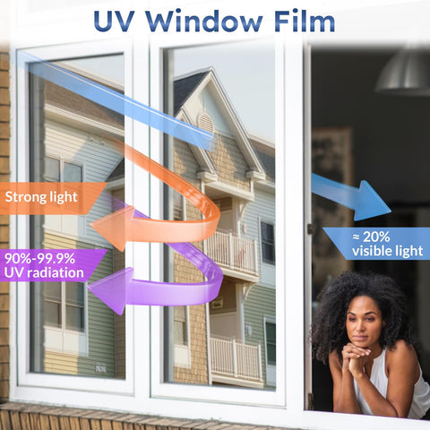 rabbitgoo Heat Reflective Window Film Privacy Film for Glass Windows, One Way Mirror Tint Sticker Sun Blocker, UV Glass Sticker Mirror Heat Reflector Thermal Solar Vinyl Silver 44.5x200cm
