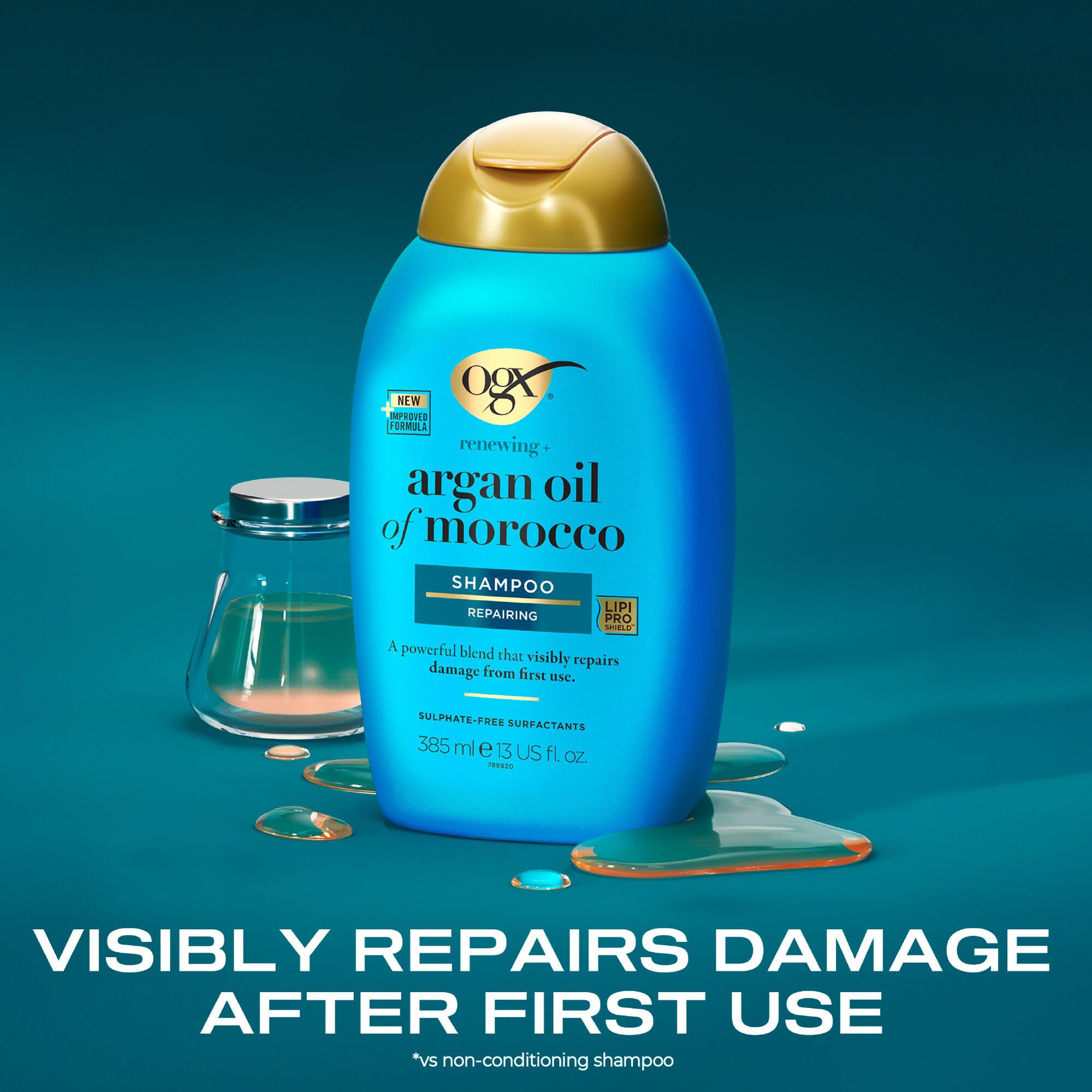 OGX Argan Oil of Morocco Repairing Shampoo, Moisturises, Restores and Strengthens, for Dry and Damaged Hair, Sulfate Free Surfactants, 385ml, packaging may vary