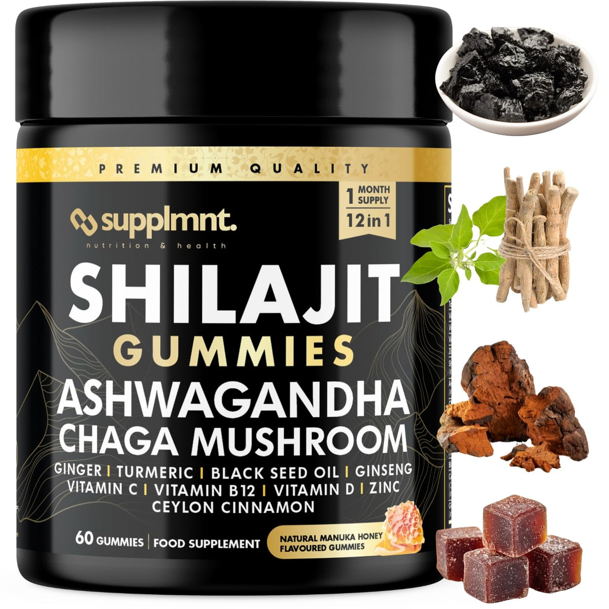 Supplmnt. 3000mg of Shilajit Gummies with 1500mg of Ashwagandha, Chaga Mushroom, Ginger, Turmeric, Black Seed Oil, Ginseng, Vitamins C, B12, D, Zinc, Ceylon Cinnamon, 60 Gummies (1 Pack)