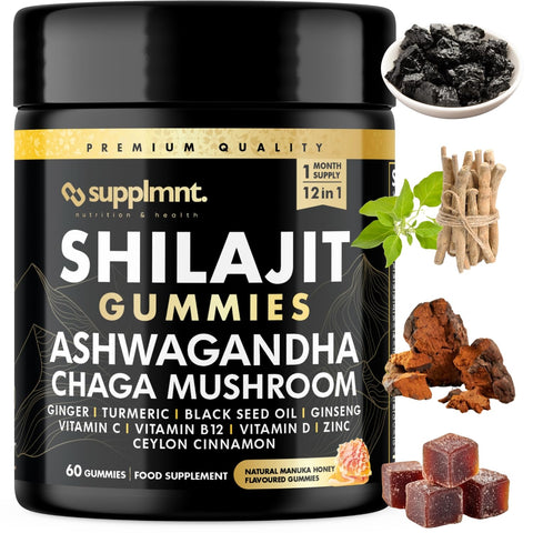 Supplmnt. 3000mg of Shilajit Gummies with 1500mg of Ashwagandha, Chaga Mushroom, Ginger, Turmeric, Black Seed Oil, Ginseng, Vitamins C, B12, D, Zinc, Ceylon Cinnamon, 60 Gummies (1 Pack)