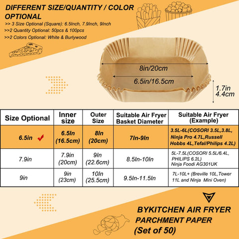 BYKITCHEN Air Fryer Parchment Paper Liner, 50PCS Square Air Fryer Liners Disposable, Greaseproof Paper, Compatible with COSORI, Ninja, Tefal, Russell Hobbs Fryers (Unbleached)