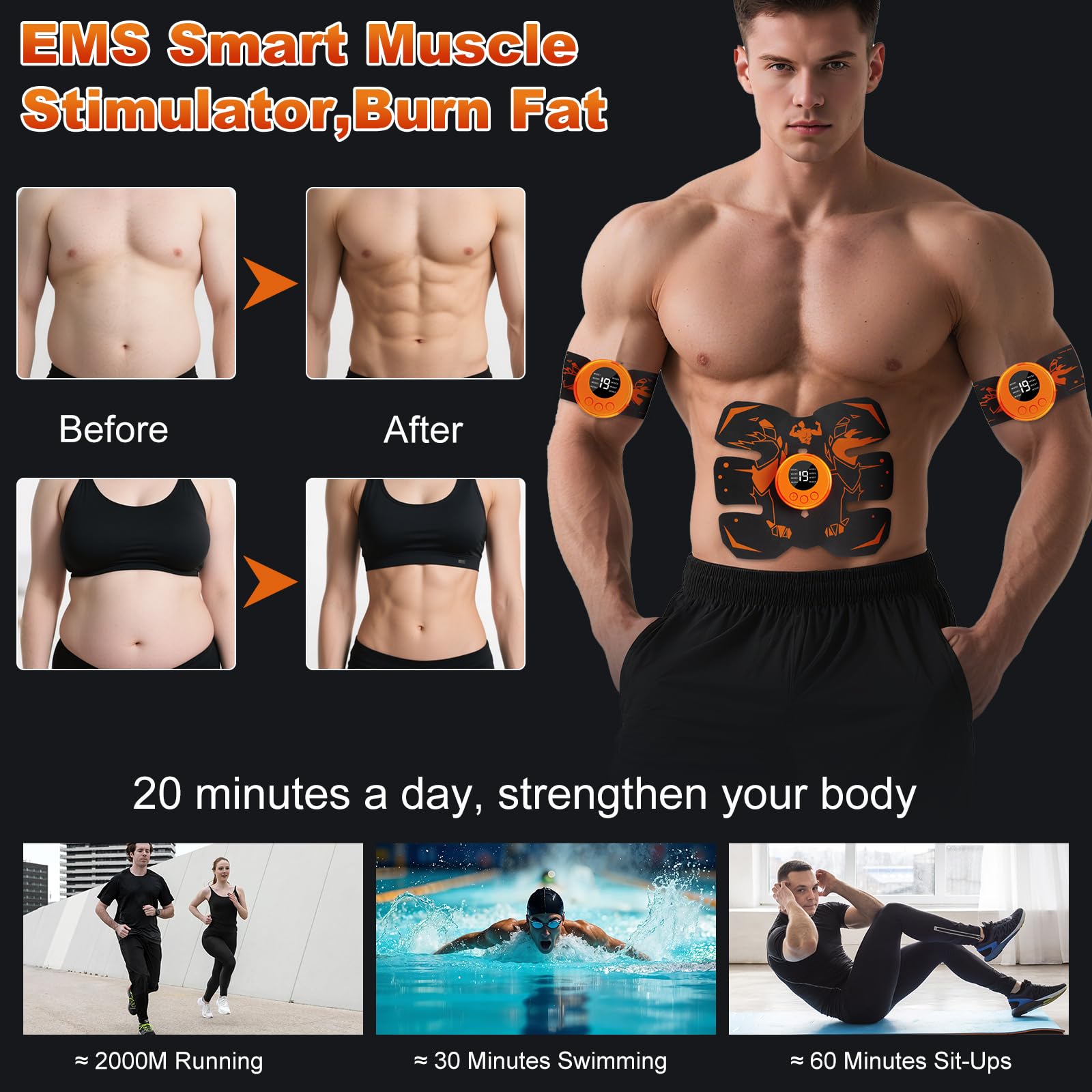 Dresz EMS Muscle Stimulator, Abs Stimulator Full Body with 8 Modes & 19 Intensities, Portable Electronic Toning Belts,16 Water Gel, Abs trainer For Abdominal/Arm/Leg/Hip Training, Unisex