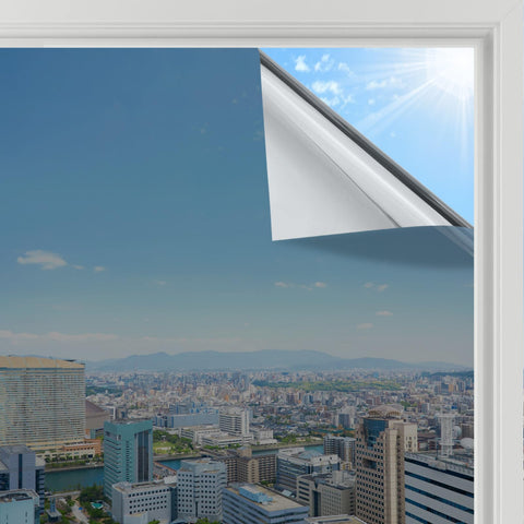 rabbitgoo Heat Reflective Window Film Privacy Film for Glass Windows, One Way Mirror Tint Sticker Sun Blocker, UV Glass Sticker Mirror Heat Reflector Thermal Solar Vinyl Silver 44.5x200cm