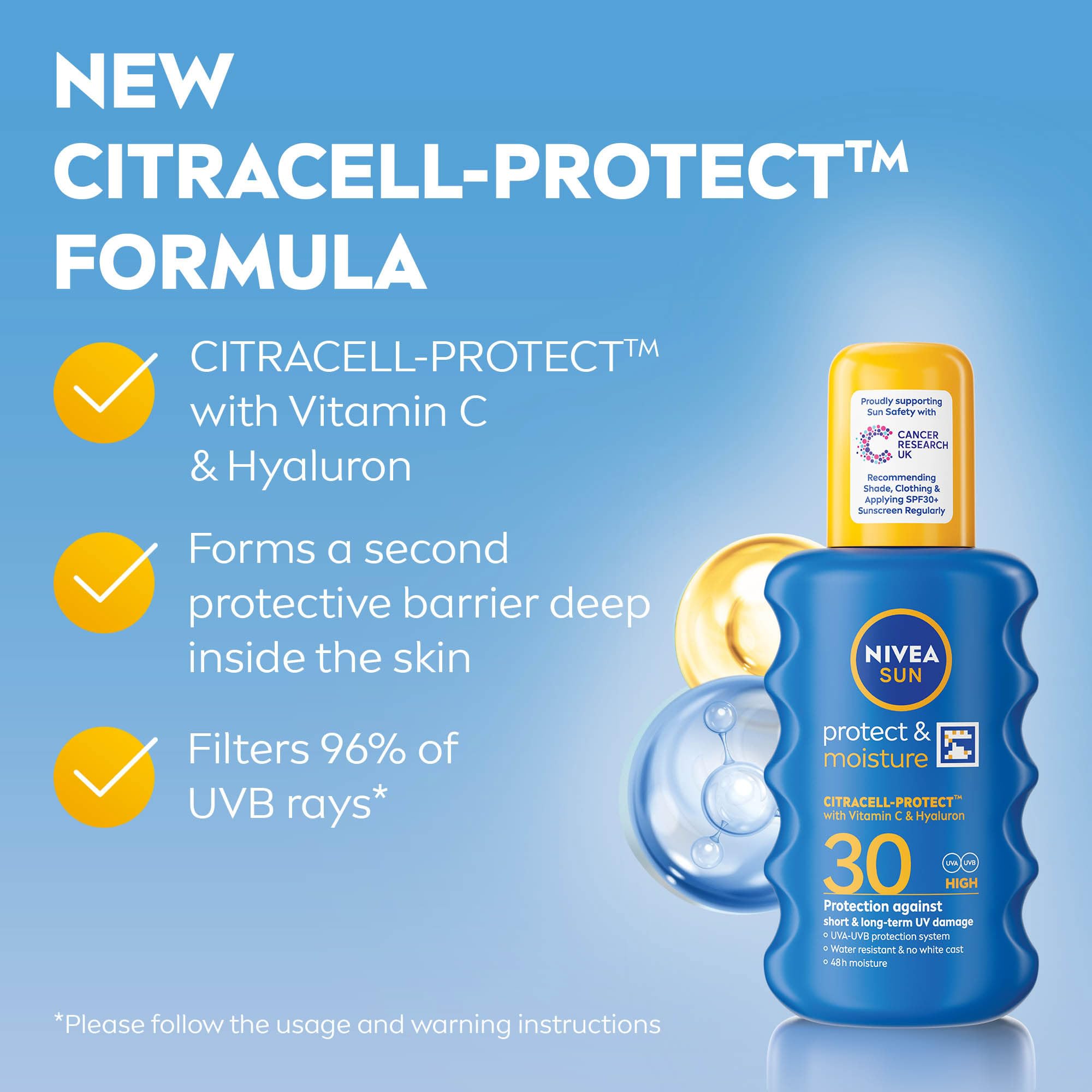 NIVEA SUN Protect & Moisture Sun Spray SPF 30 (200 ml), Moisturising Suncream Spray with SPF 30, Advanced Sunscreen Providing Immediate UVA + UVB Protection, Fast-Absorbing No White Cast Formula