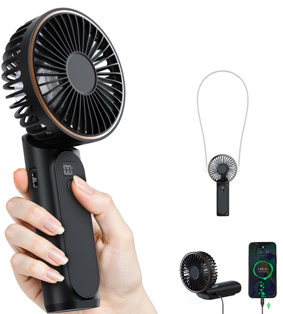 TUNISE Handheld Fan Rechargeable, Portable Fan with 4000mAh, Hand Fan with LED Display, 180° Adjustable, 6 Speed Travel Fan & Power Bank for Home Office Bedroom Outdoor