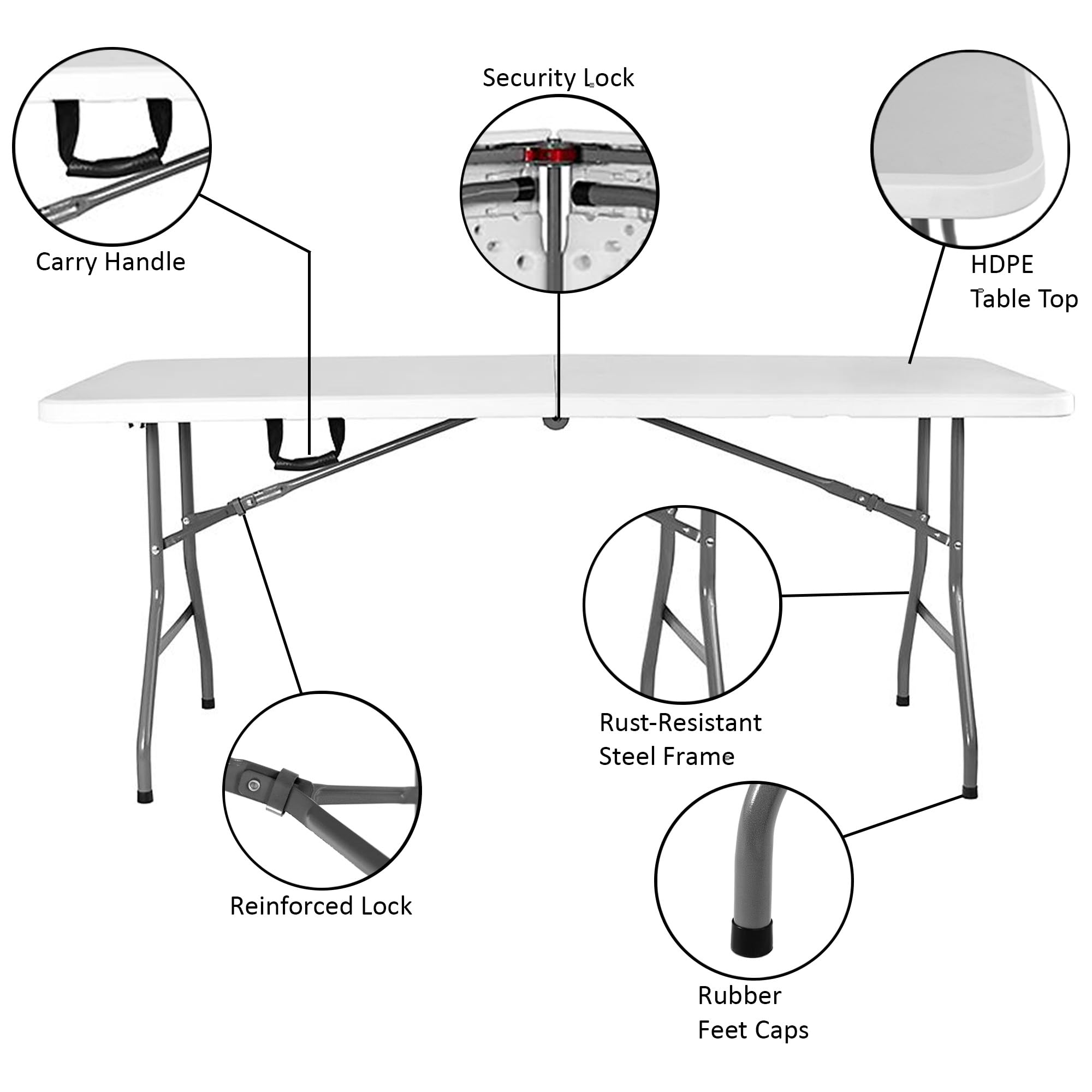 Home Vida Folding Table 6ft Heavy Duty Extra Strength Camping Buffet Wedding Market Garden Party Car Boot Stall Picnic Trestle Indoor Outdoor Foldaway Carry Handle