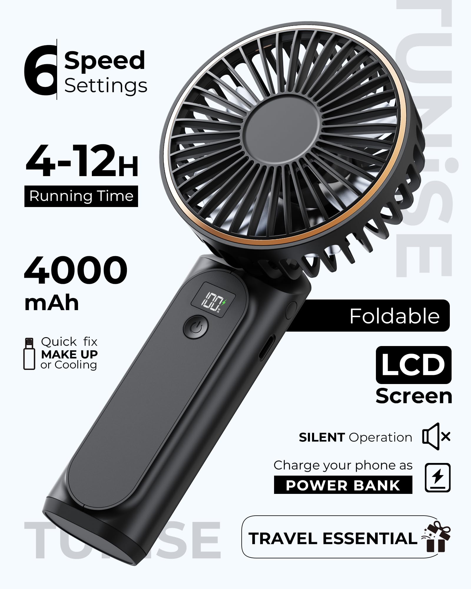 TUNISE Handheld Fan Rechargeable, Portable Fan with 4000mAh, Hand Fan with LED Display, 180° Adjustable, 6 Speed Travel Fan & Power Bank for Home Office Bedroom Outdoor
