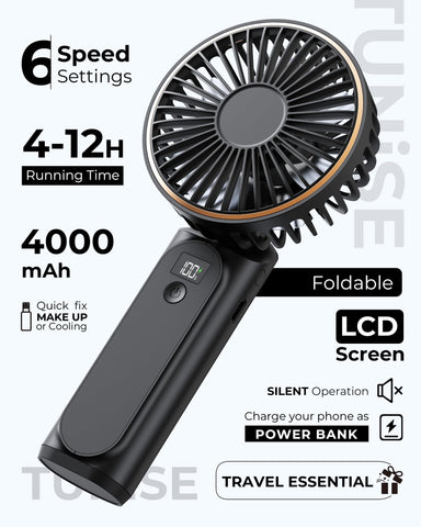 TUNISE Handheld Fan Rechargeable, Portable Fan with 4000mAh, Hand Fan with LED Display, 180° Adjustable, 6 Speed Travel Fan & Power Bank for Home Office Bedroom Outdoor