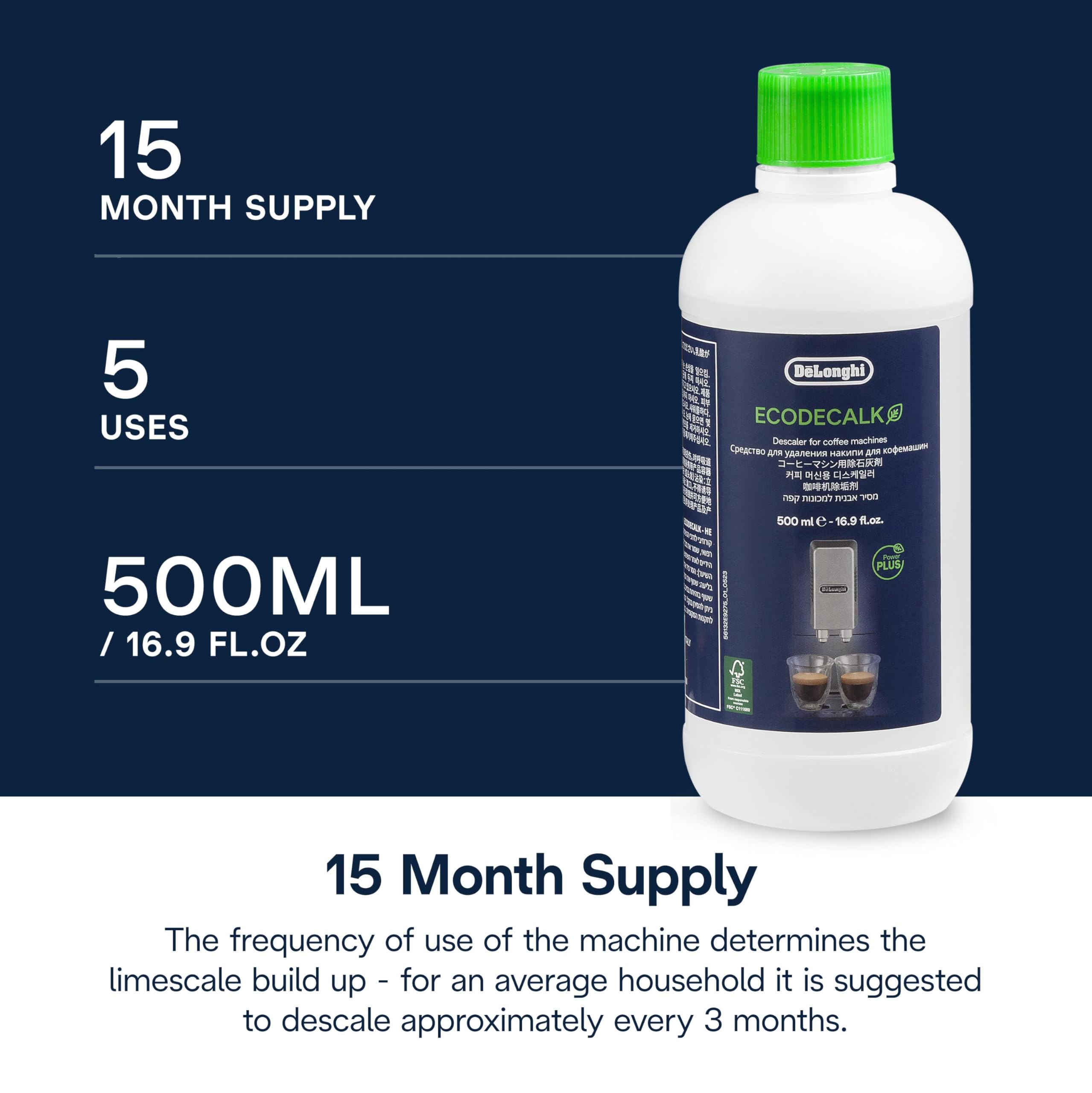 De'Longhi EcoDecalk Descaler DLSC500, 5 Decalcification Doses, Coffee Machine Descaler, Coffee Machine Maintenance Accessory, Plant-Based Ingredients, Bottle with 5 Doses, 500ml