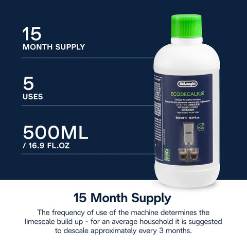 De'Longhi EcoDecalk Descaler DLSC500, 5 Decalcification Doses, Coffee Machine Descaler, Coffee Machine Maintenance Accessory, Plant-Based Ingredients, Bottle with 5 Doses, 500ml