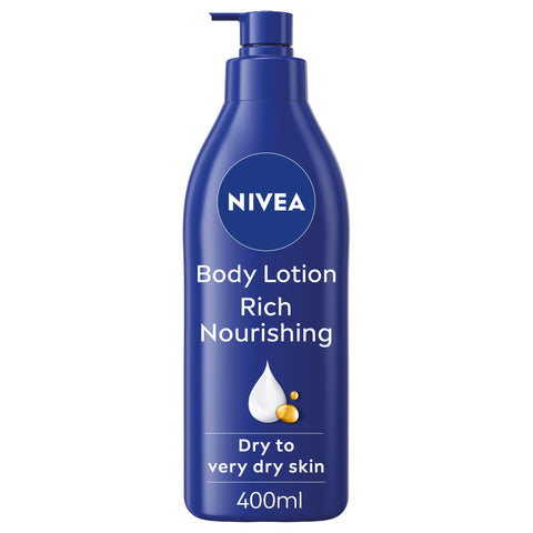 NIVEA Rich Nourishing Body Lotion (400ml), Rich 72H Hydration NIVEA Moisturiser for Dry Skin Made with Deep Moisture Serum and Almond Oil, Intensive Hydration NIVEA Body Lotion, Pack of 1