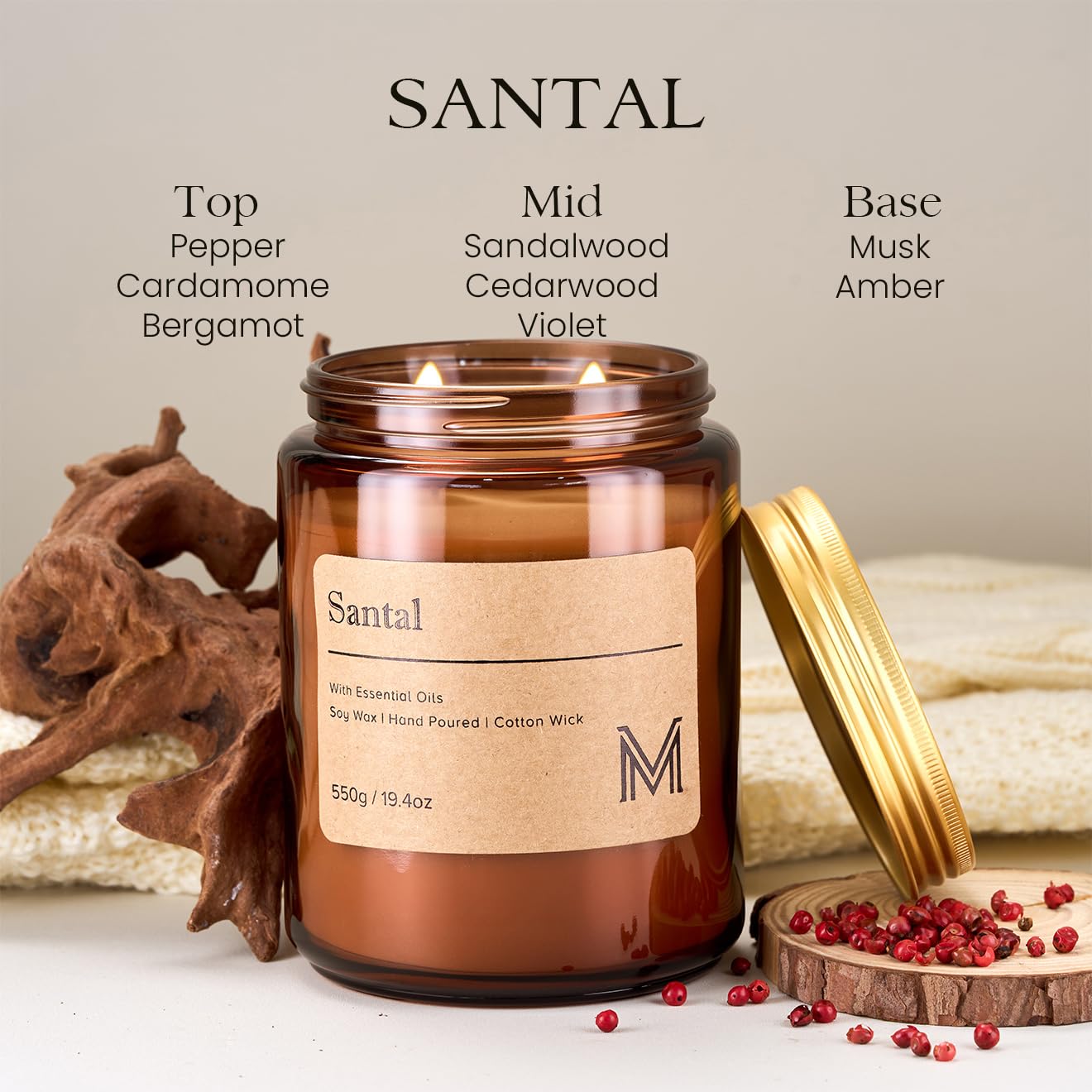 M&SENSE Scented Candles Gifts for Women 550g Santal 2-Wick Natural Soy Wax Large Candles 110H Long Burning Aromatherapy Candles Gift for Men, Perfect Halloween Christmas Gifts