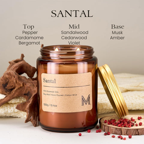 M&SENSE Scented Candles Gifts for Women 550g Santal 2-Wick Natural Soy Wax Large Candles 110H Long Burning Aromatherapy Candles Gift for Men, Perfect Halloween Christmas Gifts