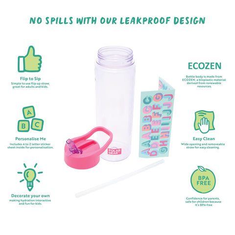 Polar Gear 600ml Kids Water Bottles with Straw and A-Z Sticker Sheet | Personalised Water Bottle Kids Can Decorate | Customisable Childrens Drinks Canteens for Boys and Girls for School, Sports, Home