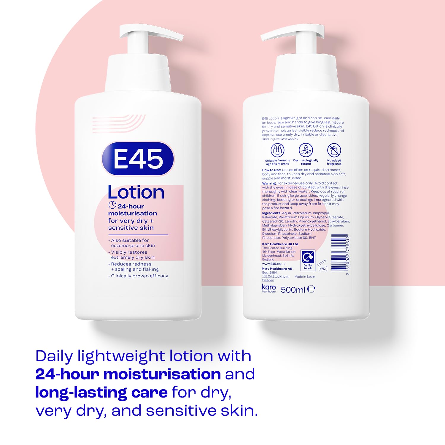 E45 Moisturising Lotion 500 ml for Dry & Sensitive Skin - Long-Lasting Hydration Protect from Dryness, Reduce Redness - Dermatological Body Moisturiser Lotion - Body Lotion - Daily Moisturiser