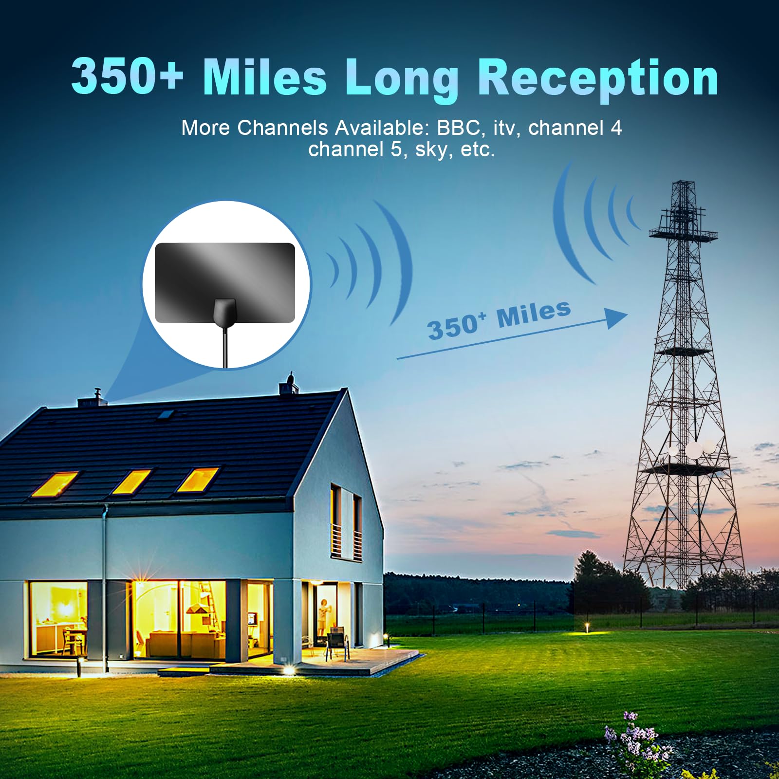 Digital TV Aerial 350+ Miles Long Range - Amplified HD TV Antenna Indoor for Freeview TV Support 4K 1080P (Bright Black)