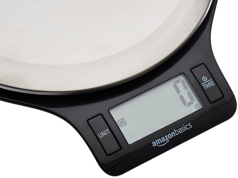 Amazon Basics Digital kitchen scales with LCD display (with batteries), Black and Stainless Steel, BPA free, Weighs up to 11 pounds