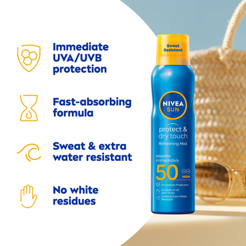 NIVEA SUN Protect & Dry Touch Refreshing Sun Mist Spray SPF50 (200ml), Water-Resistant Sun Spray, Immediate Protection Against UVA/UVB Rays, Sunburns and Premature Ageing (Packing May Vary)