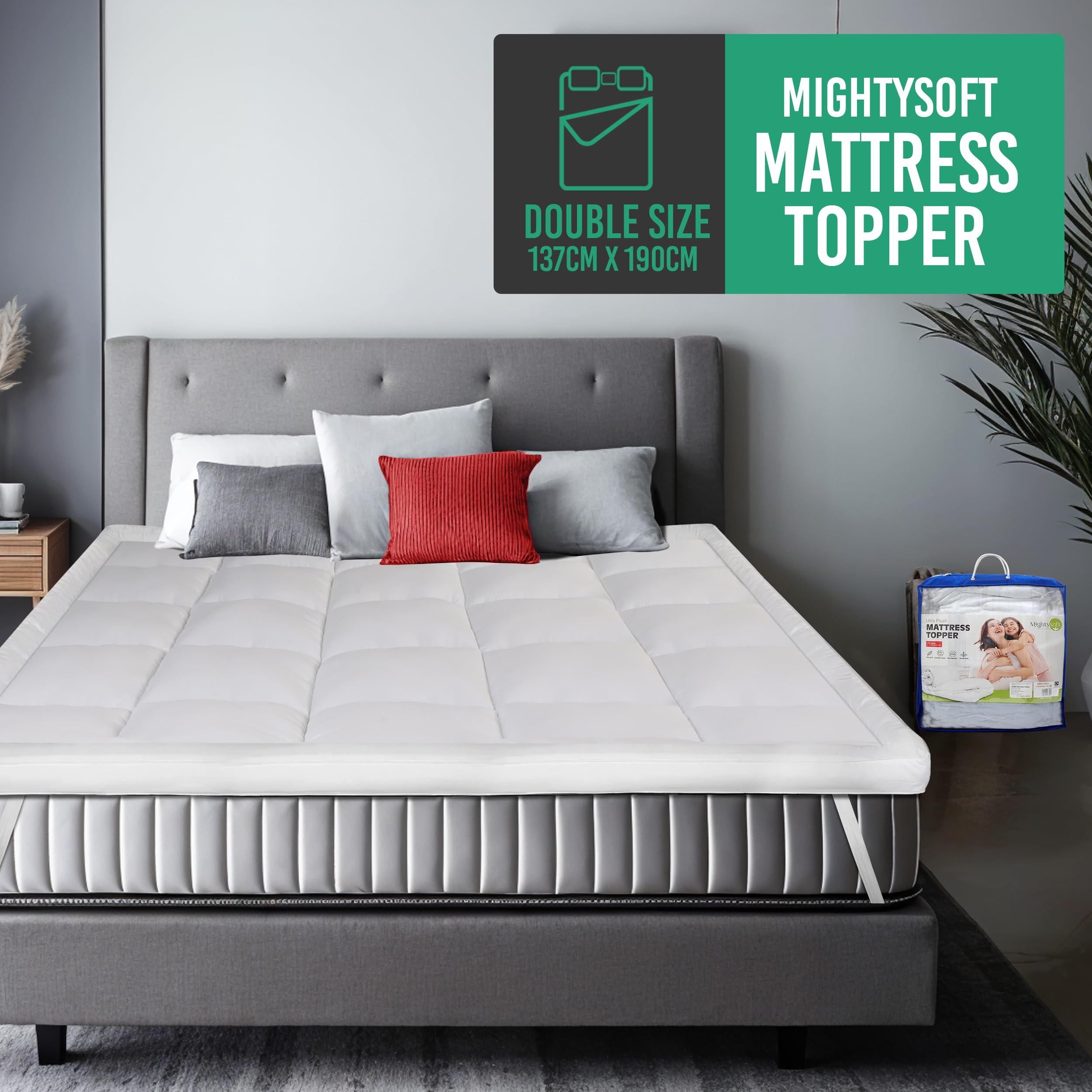 MightySoft Mattress Topper Double Bed 10cm Thick - Quilted, Extra Deep, Ultra Fluffy and Breathable Microfiber Topper, Securely Fits with Elastic Straps, Enhances Comfort & Supports Restful Sleep