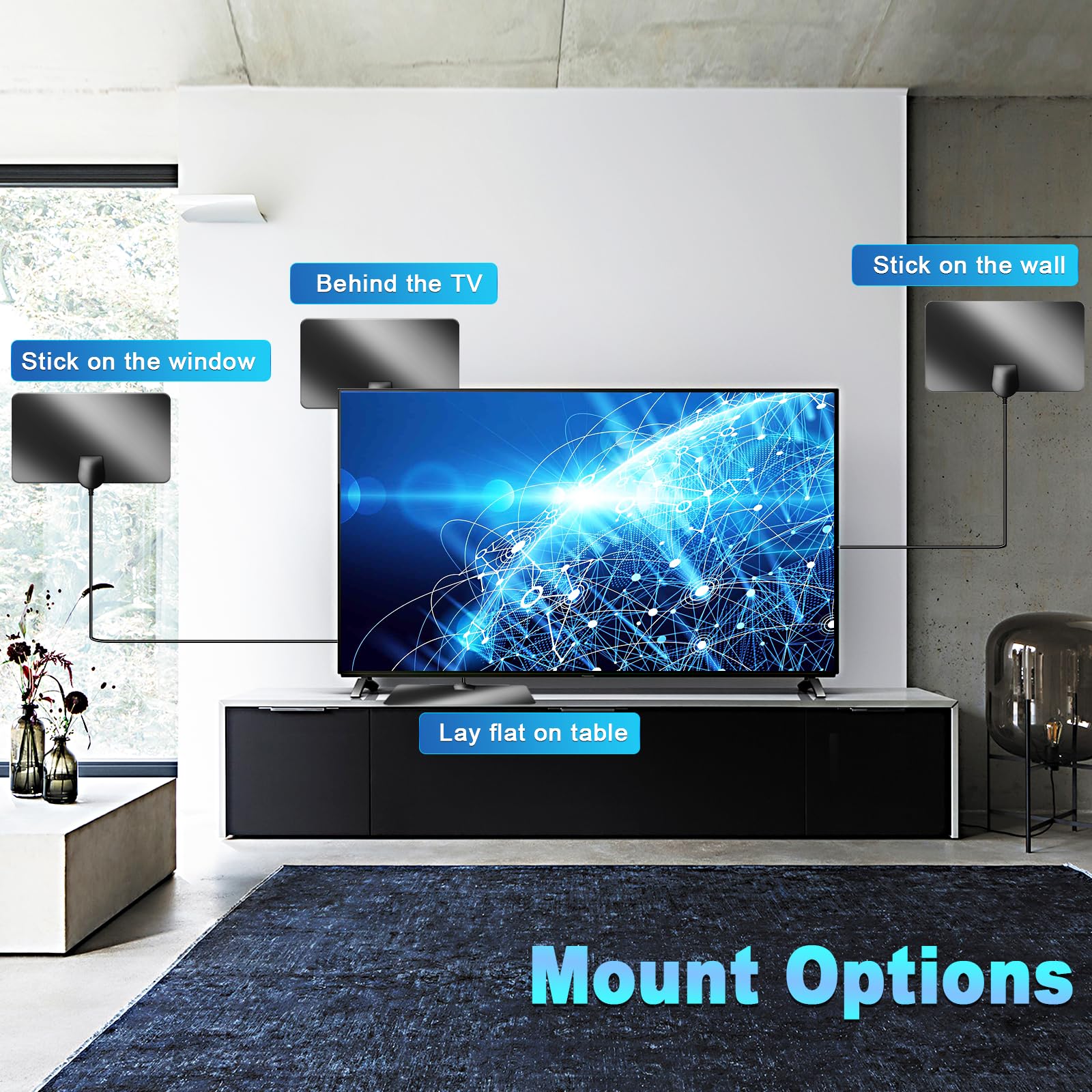 Digital TV Aerial 350+ Miles Long Range - Amplified HD TV Antenna Indoor for Freeview TV Support 4K 1080P (Bright Black)