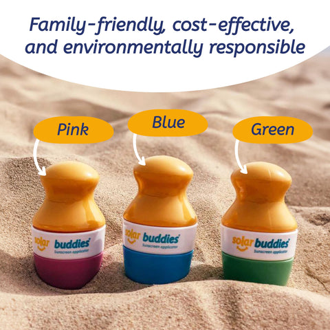 Solar Buddies Sunscreen Applicator - Green Triple - BPA-Free Refillable Roll on Sponge Sunscreen, Suncream & Lotion Applicator For Kids & Adults - Holds 3.4fl oz, Perfect Size for Travel