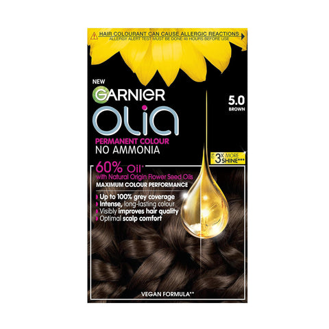 Garnier Olia Permanent Hair Dye, No Ammonia, Full Grey Coverage, Long-lasting Colour & Shine, Vegan Formula, Colour: 5.0 Brown, 230g