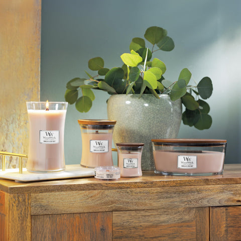 WoodWick Scented Candle with Crackling Wick | Vanilla & Sea Salt Mini Hourglass Candle | Up to 20 Hours Burn Time | Perfect Gifts for Women