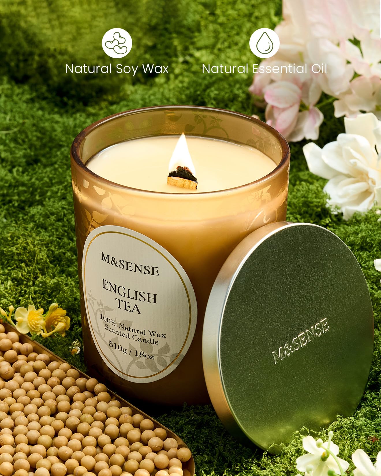 M&SENSE 510g Lemon English Tea Scented Candle, Crackling Wooden Wick Candle with Lid, 100h Long Burning Large Soy Wax, Natural Organic Soy Wax for Sleep, Meditation & Stress Relief