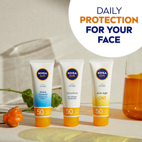 NIVEA Sun UV Face Anti-Age SPF 50 (50ml), Q10 Protects Against UVA/UVB Rays and Premature Skin Ageing, Anti-Ageing Cream, Fights Fine Lines and Wrinkles