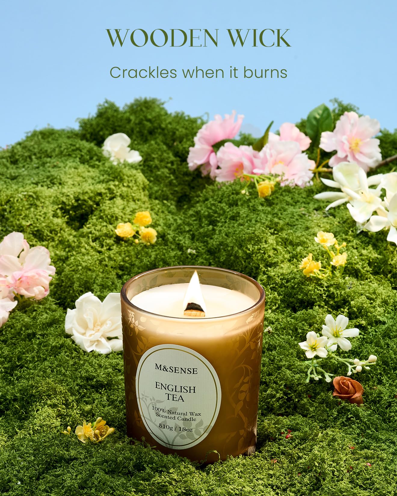 M&SENSE 510g Lemon English Tea Scented Candle, Crackling Wooden Wick Candle with Lid, 100h Long Burning Large Soy Wax, Natural Organic Soy Wax for Sleep, Meditation & Stress Relief