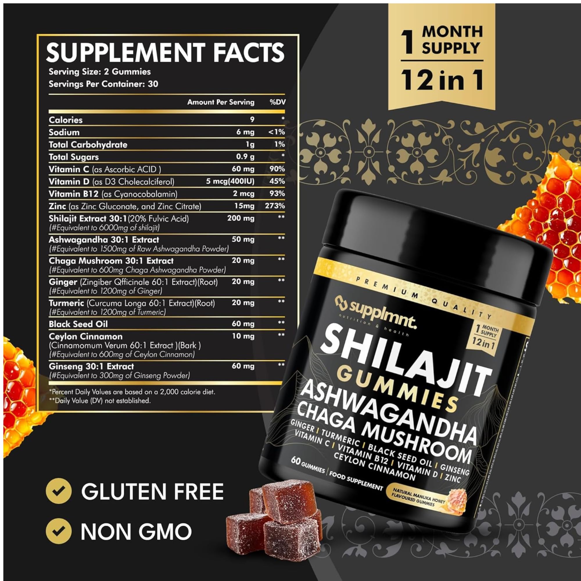 Supplmnt. 3000mg of Shilajit Gummies with 1500mg of Ashwagandha, Chaga Mushroom, Ginger, Turmeric, Black Seed Oil, Ginseng, Vitamins C, B12, D, Zinc, Ceylon Cinnamon, 60 Gummies (1 Pack)