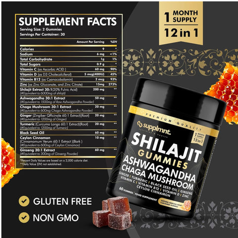 Supplmnt. 3000mg of Shilajit Gummies with 1500mg of Ashwagandha, Chaga Mushroom, Ginger, Turmeric, Black Seed Oil, Ginseng, Vitamins C, B12, D, Zinc, Ceylon Cinnamon, 60 Gummies (1 Pack)