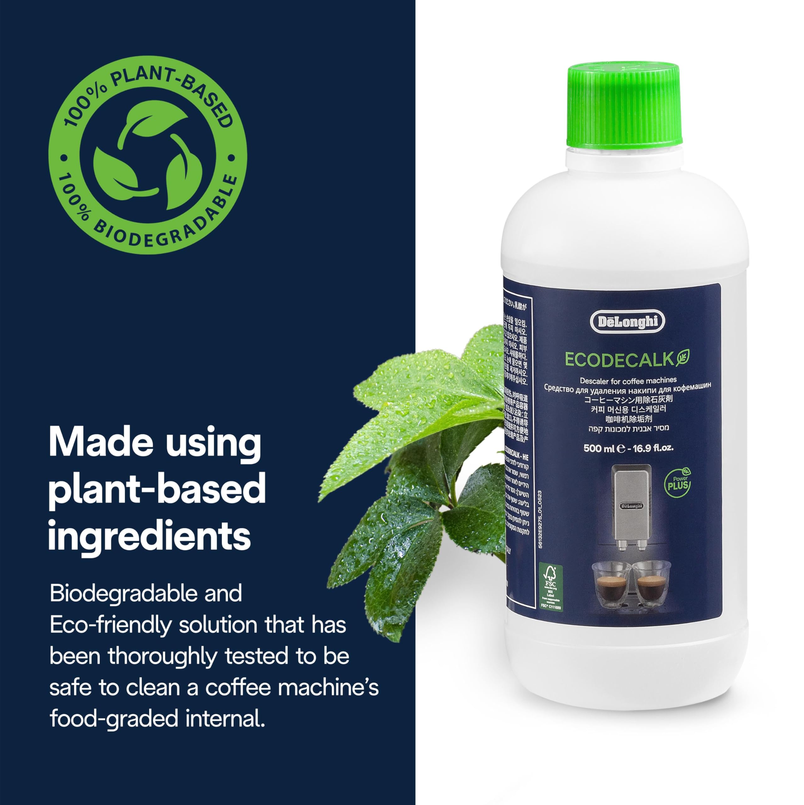 De'Longhi EcoDecalk Descaler DLSC500, 5 Decalcification Doses, Coffee Machine Descaler, Coffee Machine Maintenance Accessory, Plant-Based Ingredients, Bottle with 5 Doses, 500ml