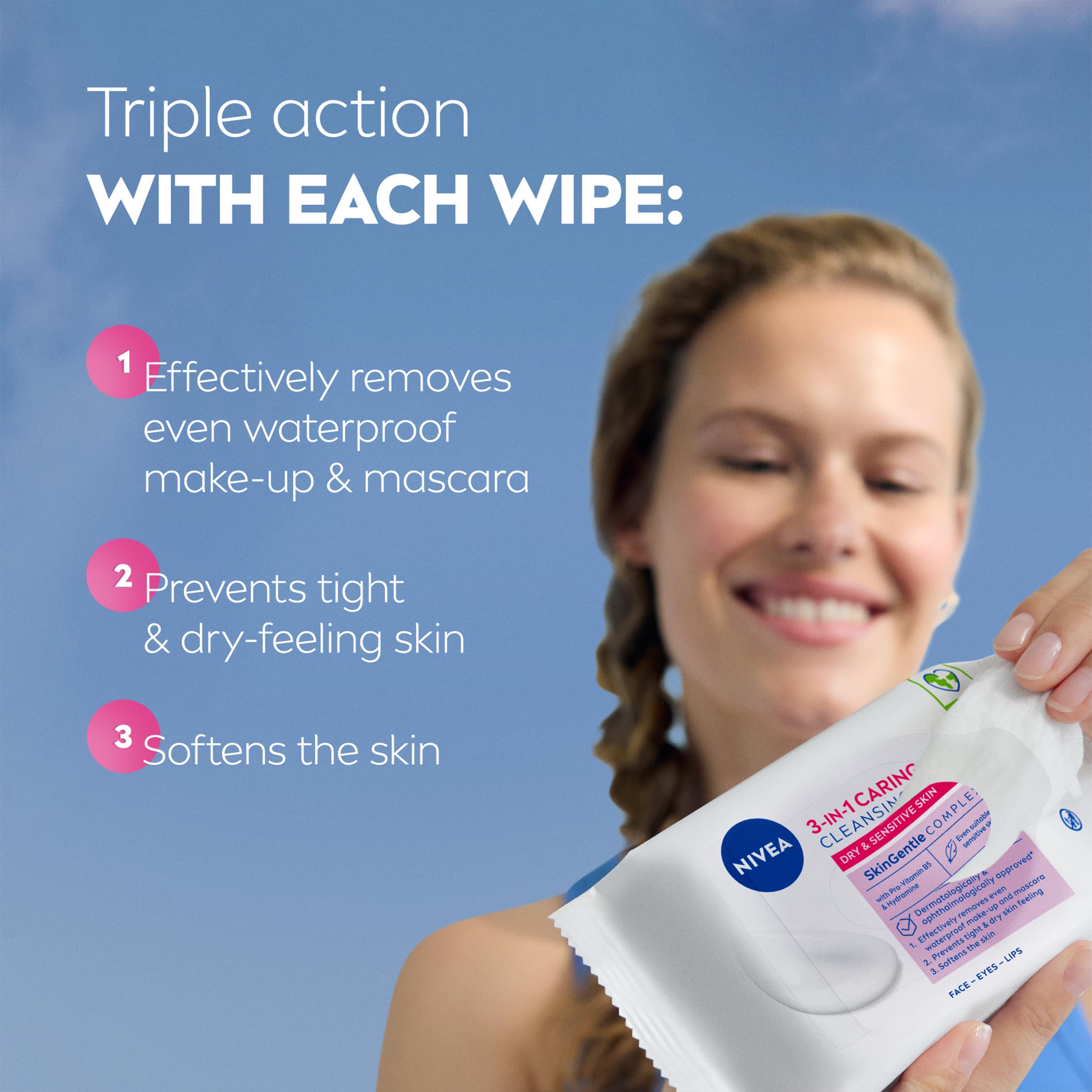 NIVEA 3in1 Caring Cleansing Wipes Dry Skin (25 Wipes), Plant-Based Makeup Remover Wipes, Face Wipes for Dry Skin, Gentle yet Effective Makeup Removal