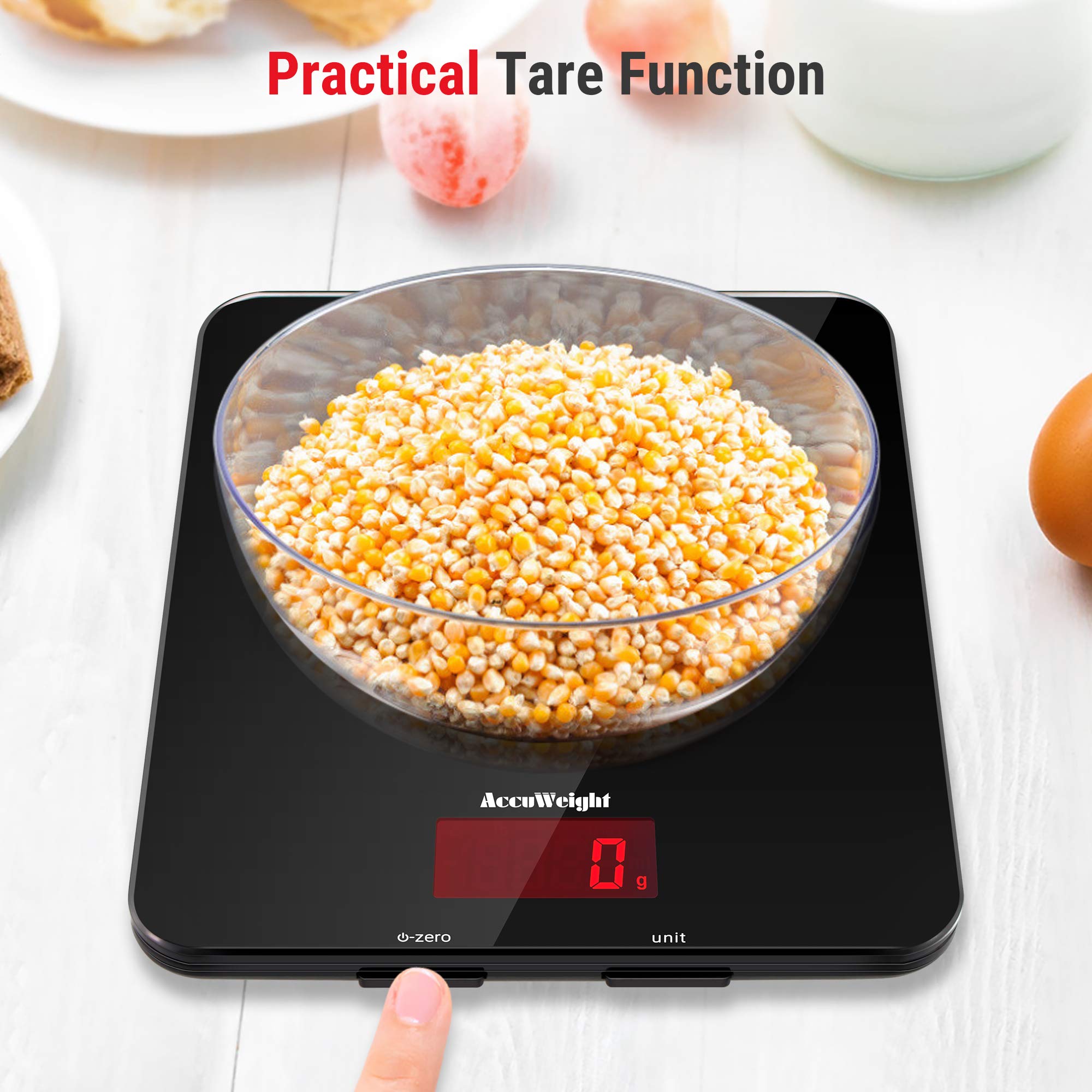 ACCUWEIGHT 201 Digital Kitchen Scales with Tempered Glass Platform (Batteries included), Electronic Weighing Food Scale with Backlit LCD, Multifunction for Office School Home Baking Cooking, 5kg/11lb