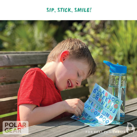 Polar Gear 600ml Kids Water Bottles with Straw and A-Z Sticker Sheet | Personalised Water Bottle Kids Can Decorate | Customisable Childrens Drinks Canteens for Boys and Girls for School, Sports, Home