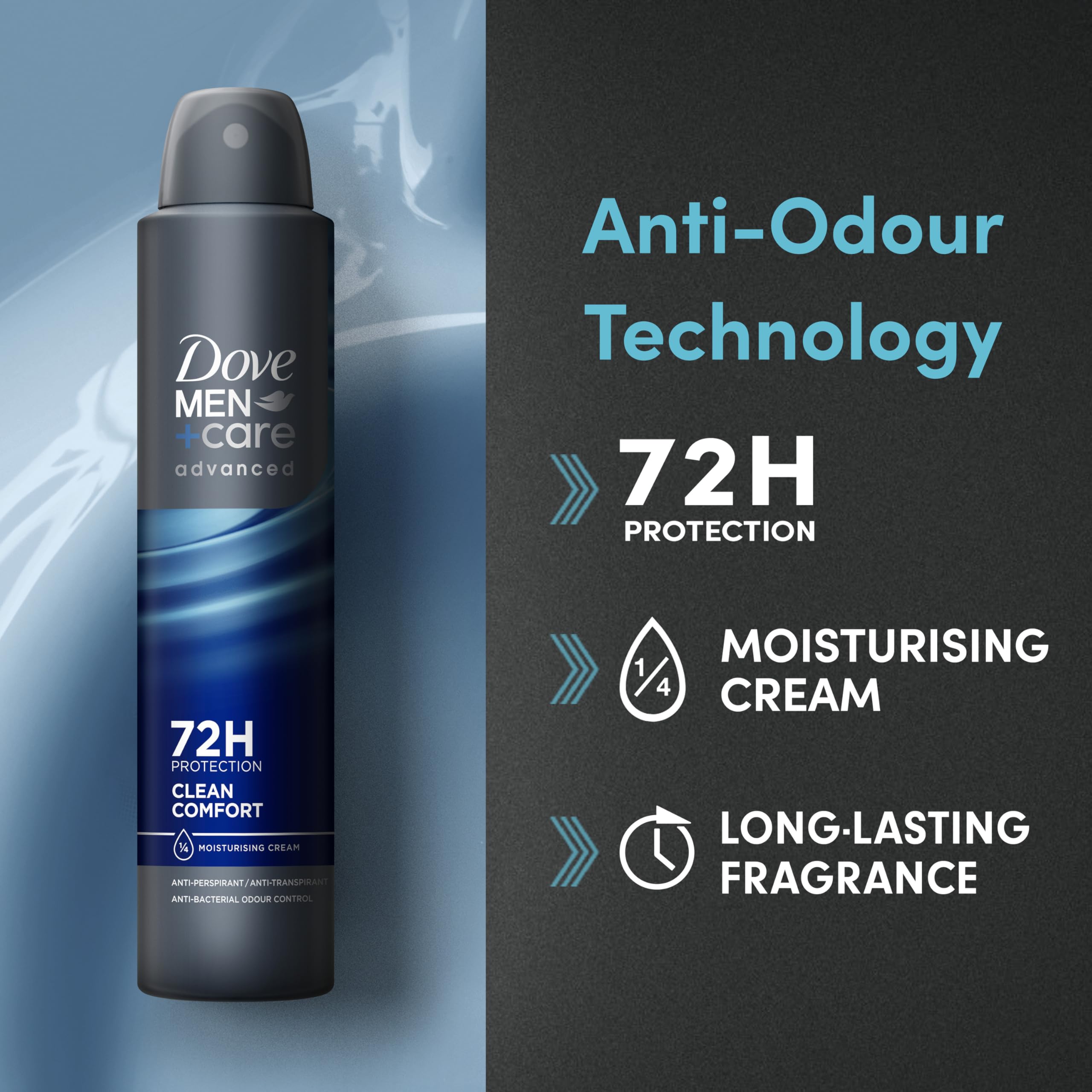 Dove Men+Care Advanced Clean Comfort Men's Antiperspirant Deodorant Body Spray with ¼ moisturising cream & Anti-Odour technology for 72 hour protection against sweat and odour 200 ml