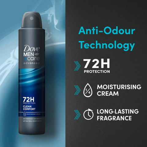 Dove Men+Care Advanced Clean Comfort Men's Antiperspirant Deodorant Body Spray with ¼ moisturising cream & Anti-Odour technology for 72 hour protection against sweat and odour 200 ml